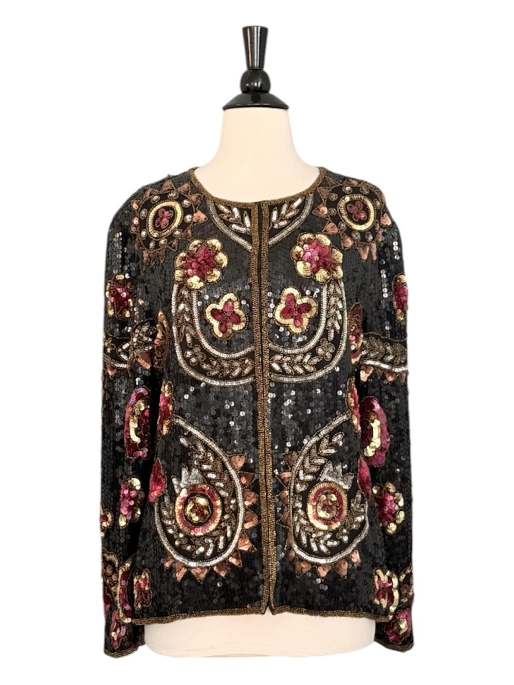 Laurence Kazar Vintage Beaded Sequin Silk Jacket Black Paisley Floral Medium
